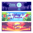© MicroOne - Happy summer travel time hawaii vector advertising banners set with tropical plants and flowers