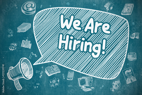 Fotografía We Are Hiring - Hand Drawn Illustration on Blue Chalkboard.