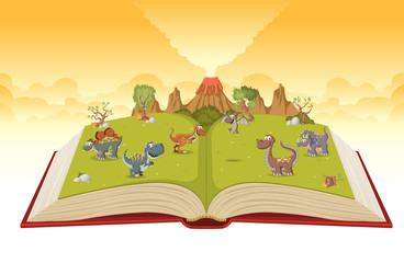 Wall Mural - Open book with volcano and funny cartoon dinosaurs. Prehistoric nature landscape. 
