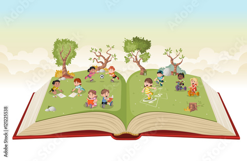 Open book with cute cartoon kids playing on green park. Sports and recreation.