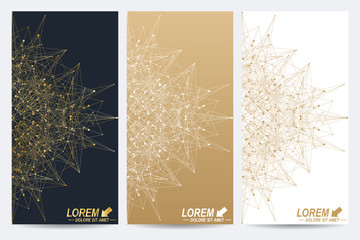 Poster - Modern set of vector flyers. Geometric abstract presentation with golden mandala. Molecule and communication background for medicine, science, technology, chemistry.