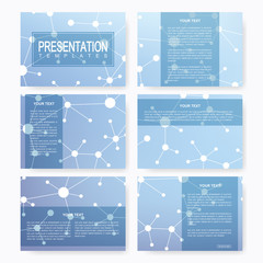Poster - Set of vector templates for presentation slides. Brochure, Leaflet, flyer, cover, magazine or annual report. Modern business, science, medicine design. Geometric abstract background molecule.