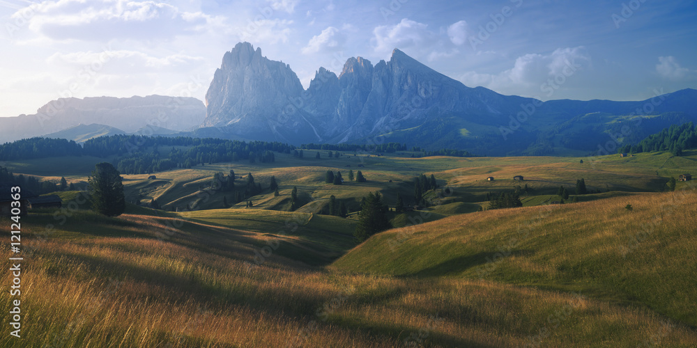 Beautiful meadow and mountain scene of Val Gardena, Italy - obrazy, fototapety, plakaty 