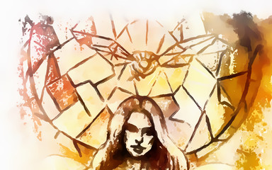 Fototapete - abstract woman head and dove on stained glass pattern background.