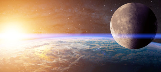 Poster - View of planet earth, moon and sun. Abstract background of cosmos. Elements of this image are furnished by NASA