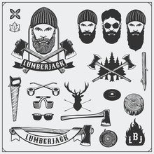 Lumberjack Collection. Lumberjack Characters And Tools. Axes, Saws And Trees. Vintage Style. Monochrome Illustration.