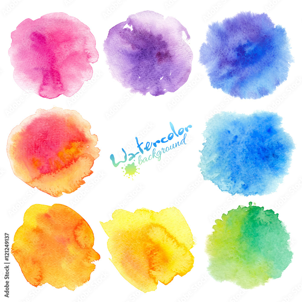 Rainbow colors watercolor paint stains vector backgrounds set - obrazy, fototapety, plakaty 