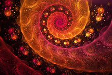 Abstract Fantasy Glowing Spiral On Black Background. Computer-generated Fractal In Red, Orange, Yellow And Rose Colors.