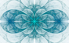 Abstract Floral Ornament On White Background. Symmetrical Pattern. Computer-generated Fractal In Blue And Turquoise Colors.
