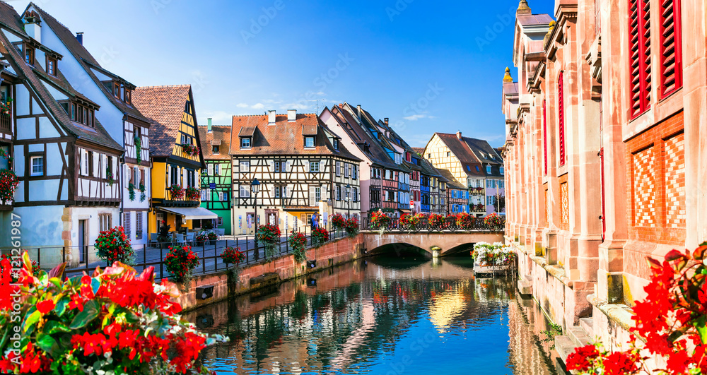 Beautiful view of colorful romantic city Colmar, France, Alsace - obrazy, fototapety, plakaty 