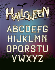 Sticker - Halloween font letters, poster with dark night forest