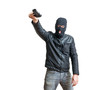 © vchalup - Robber or thief aiming with pistol. Isolated on white background.