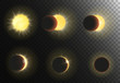 Sun eclipse vector illustration. Different phases of solar eclipse set.