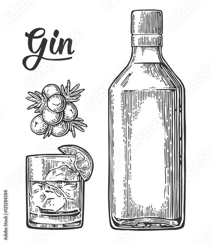 Glass and bottle of gin and branch of Juniper with berries Tableau sur Toile
