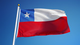 Fototapeta Boho - Chile flag waving against clean blue sky, close up, isolated with clipping path mask alpha channel transparency
