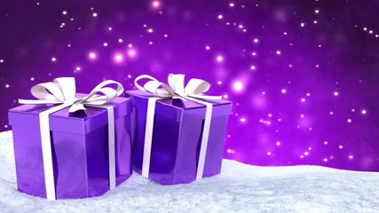 Wall Mural - Christmas gifts in snow on bokeh purple background. Seamless loop. 3D render.