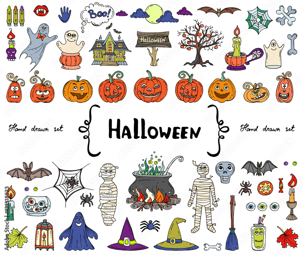 Vector set with hand drawn colored doodles on the theme of Halloween ...