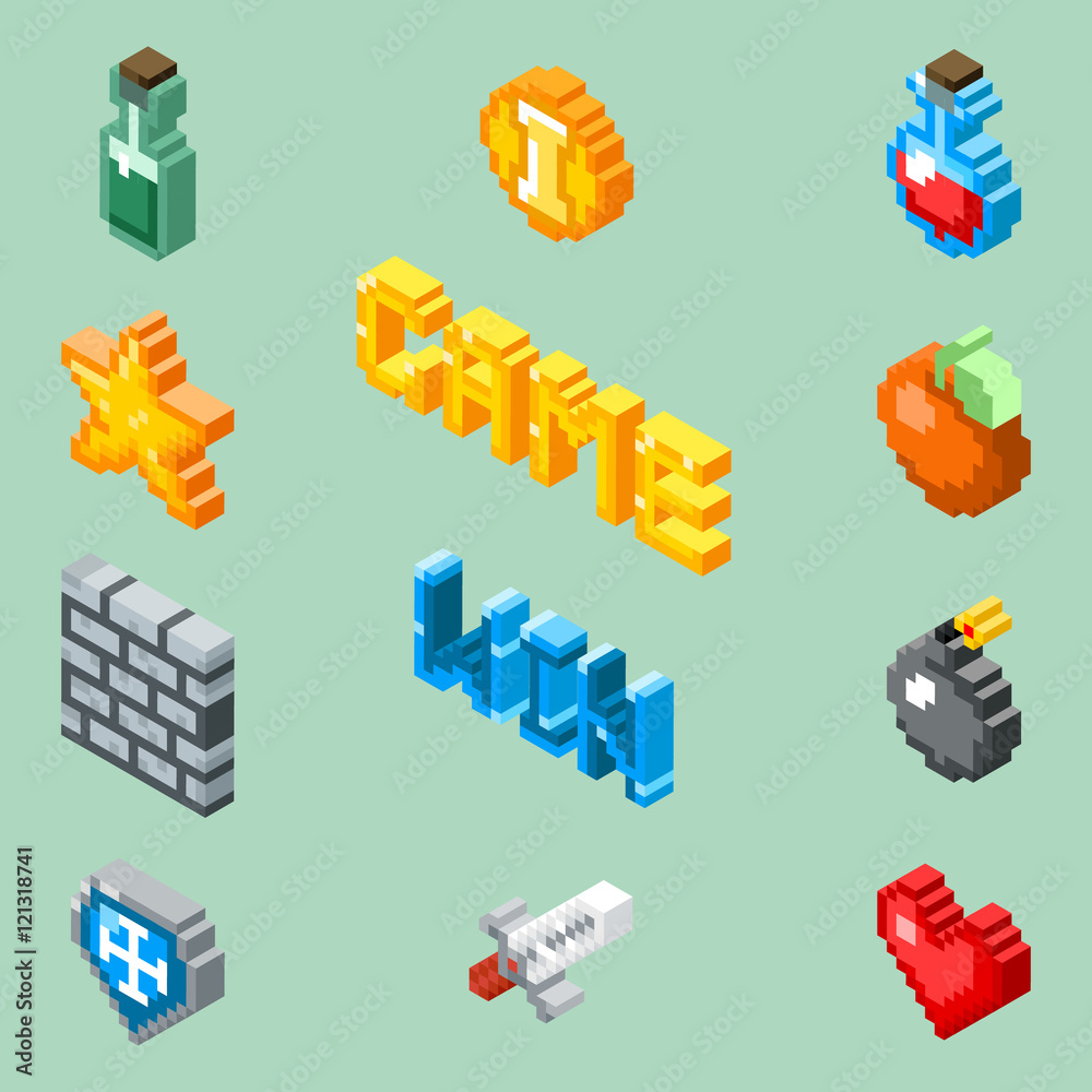 Vector de Stock Pixel art game icons. 8 bit isometric pictograms vector ...