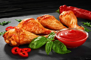 Wall Mural - Fried chicken legs with ketchup, chili pepper and basil on a dar