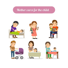  Mother cares for the child characters set. Vector illustration