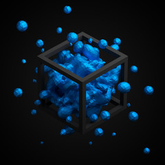 Poster - Abstract 3d rendering of chaotic low poly liquid in cube. Background with dynamic polygonal fluid splash. Design element.