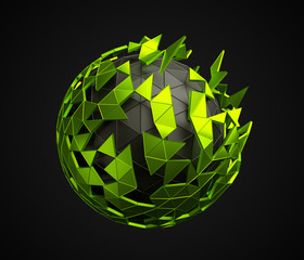 Poster - Abstract 3d rendering of low poly sphere with chaotic structure. Sci-fi background with polygonal shape in empty space. Futuristic design.