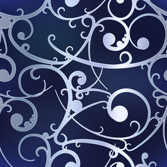 Wall Mural - Silver baroque swirls on blue, luxury seamless pattern