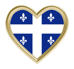 Quebec flag in golden heart isolated on white background. 3D illustration.