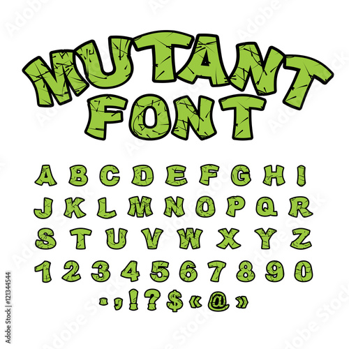 Fotomural Mutant font. Green rough comic alphabet in style. Abstract ABC.