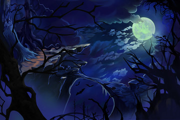 Wall Mural - Moon Night. Video Game's Digital CG Artwork, Concept Illustration, Realistic Cartoon Style Background
