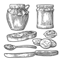 Jar, Spoon, Knife And Slice Of Bread With Jam.