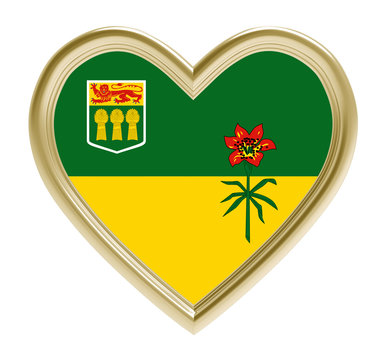 Saskatchewan flag in golden heart isolated on white background. 3D illustration.