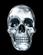 Metallic Human Skull Over Black , 3D Illustration