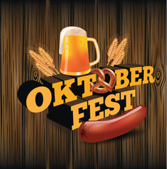 Wall Mural - Oktoberfest poster with sausage, pretzel and beer. EPS 10 vector.