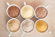 Different kinds of cereals: oats, millet, rice, buckwheat, wheat, spelt 