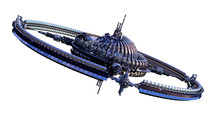 3D Illustration Of An Alien Spaceship Or Futuristic Space Station, With A Central Dome And Gravitation Wheel, For Science Fiction 

Backgrounds With The Clipping Path Included In The File.