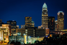 View Of The Skyline Of Uptown At Night, In Charlotte, North Caro