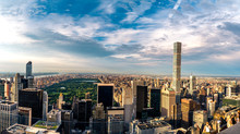 Panorama Cityscape View On Central Park, New York, Seen From The Rockefeller Building "Top Of The Rocks" Before Summer Sunset.