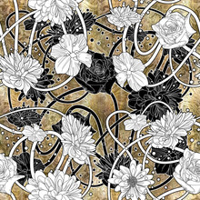 Seamless Pattern With Black And White Flowers On Golden Background,floral Illustration Painting