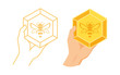 Hand holding a honeycomb  with a graphic icon, silhouette of the bee. Isolated on background vector drawing for honey products, package, design.