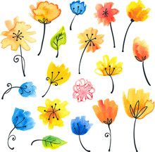 Bright Watercolor Vector Flowers In Naive Style