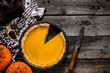 Pumpkin pie for Thanksgiving on old rustic background.