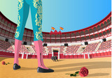 Toreador versus bull in Spanish bullfight arena