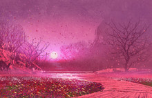 Fantasy Landscape With Pink Magical Leaves,illustration Painting