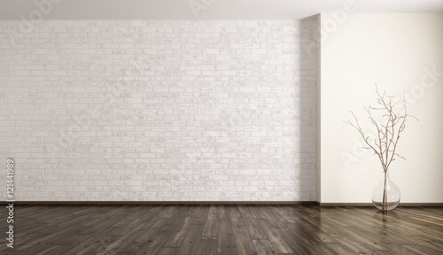 Room with brick wall and glass vase 3d rendering