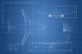 Outline drawing plane on a blue background. Top, side and front