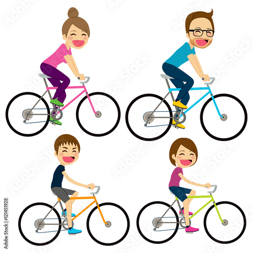 Illustration of happy family riding on bicycle together