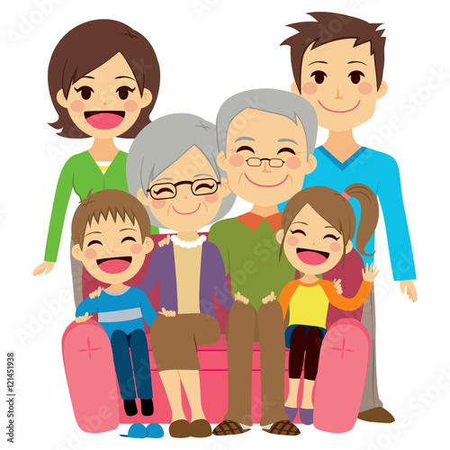 Illustration of cute happy family with mother dad son daughter grandfather an...