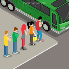 Wall Mural - Flat isometric Online addiction people bus phone screen vector