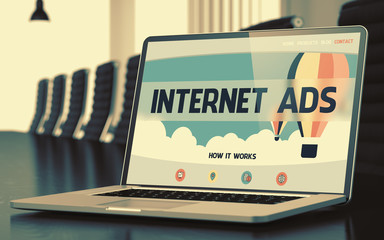 Poster - Internet Ads on Laptop in Conference Room. 3D.
